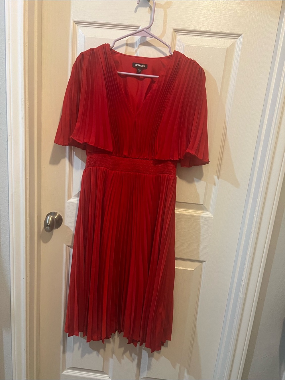 Express Red Pleated Midi Dress with V-Neck